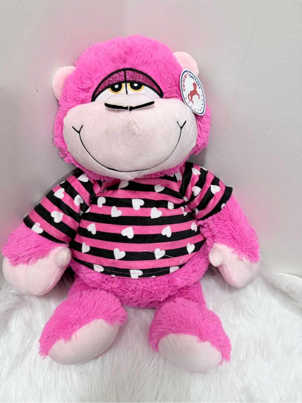 Plush Pink Heart-Striped Monkey Stuffed Animal - Kids Toy 19”